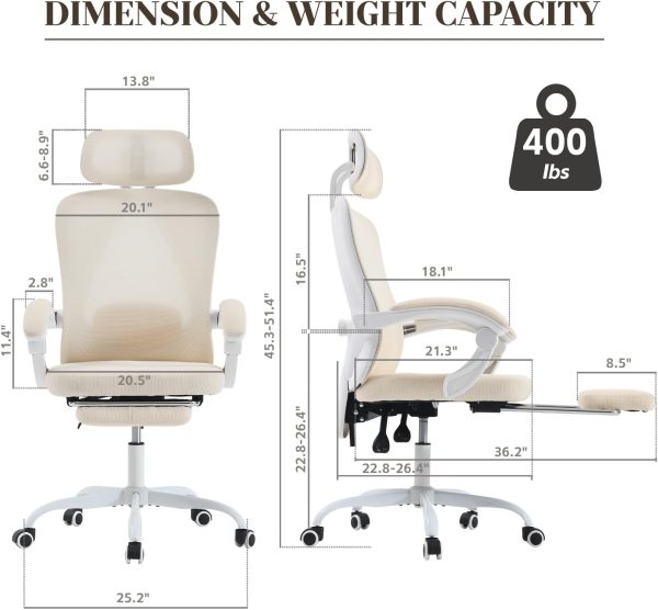 Ergonomic Office Chair, Adjustable Lumbar Support, 400LBS Capacity, White Computer Chair with Retractable Footrest, Breathable Mesh Back Gaming Chair Adjustable Headrest - Image 2