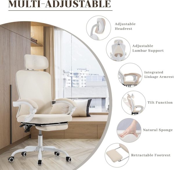 Ergonomic Office Chair, Adjustable Lumbar Support, 400LBS Capacity, White Computer Chair with Retractable Footrest, Breathable Mesh Back Gaming Chair Adjustable Headrest - Image 3
