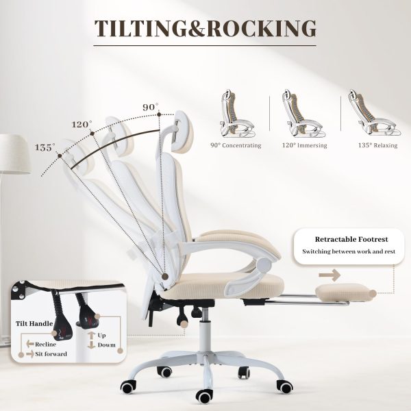 Ergonomic Office Chair, Adjustable Lumbar Support, 400LBS Capacity, White Computer Chair with Retractable Footrest, Breathable Mesh Back Gaming Chair Adjustable Headrest - Image 7