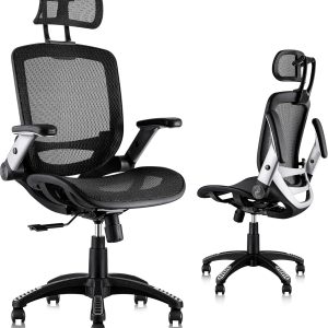 GABRYLLY Ergonomic Office Chair, High Back Home Desk Chair with Headrest, Flip-Up Arms, 90-120° Tilt Lock and Wide Cushion, Big and Tall Mesh Chairs for Man Woman, Black Task Chair