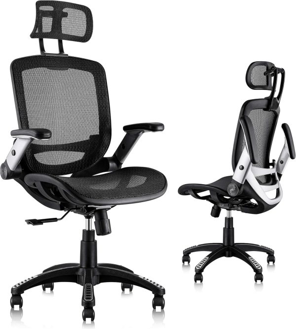 GABRYLLY Ergonomic Office Chair, High Back Home Desk Chair with Headrest, Flip-Up Arms, 90-120° Tilt Lock and Wide Cushion, Big and Tall Mesh Chairs for Man Woman, Black Task Chair