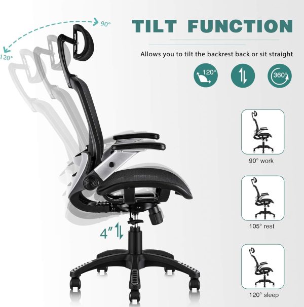 GABRYLLY Ergonomic Office Chair, High Back Home Desk Chair with Headrest, Flip-Up Arms, 90-120° Tilt Lock and Wide Cushion, Big and Tall Mesh Chairs for Man Woman, Black Task Chair - Image 5