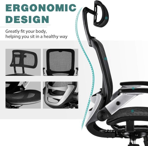 GABRYLLY Ergonomic Office Chair, High Back Home Desk Chair with Headrest, Flip-Up Arms, 90-120° Tilt Lock and Wide Cushion, Big and Tall Mesh Chairs for Man Woman, Black Task Chair - Image 6