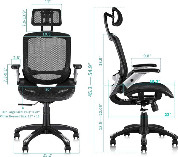 GABRYLLY Ergonomic Office Chair, High Back Home Desk Chair with Headrest, Flip-Up Arms, 90-120° Tilt Lock and Wide Cushion, Big and Tall Mesh Chairs for Man Woman, Black Task Chair - Image 7