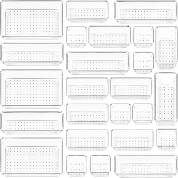 Vtopmart 25 PCS Clear Plastic Drawer Organizers Set, 4-Size Versatile Bathroom and Vanity Drawer Organizer Trays, Storage Bins for Makeup, Bedroom, Kitchen Gadgets Utensils and Office